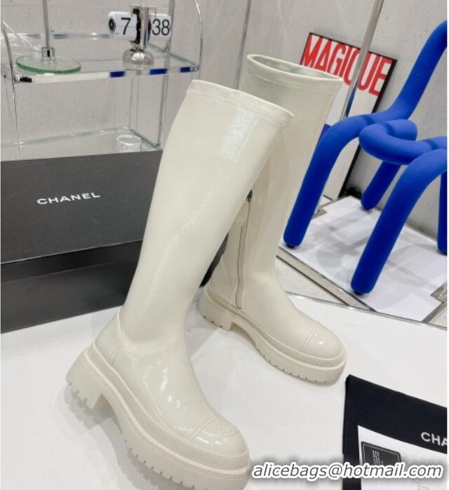 New Style Chanel Elastic Leather Calf-High Boots 5cm 121462 White