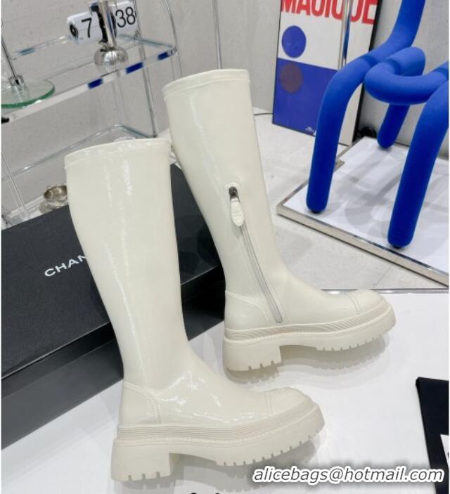 New Style Chanel Elastic Leather Calf-High Boots 5cm 121462 White