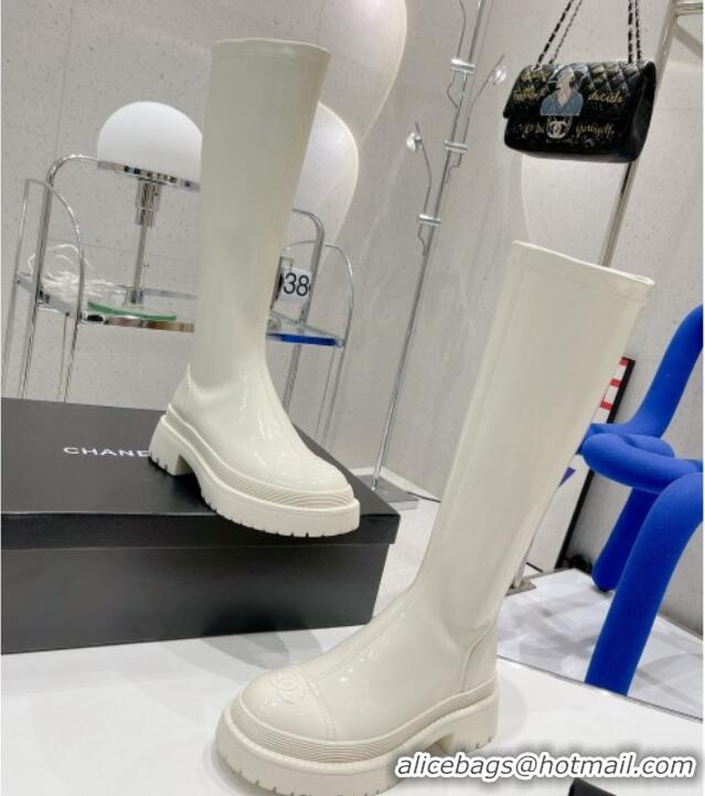 New Style Chanel Elastic Leather Calf-High Boots 5cm 121462 White