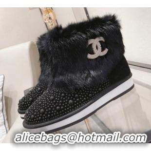 Best Design Chanel Crystal & Rabbit Fur Ankle Boots Black 121467