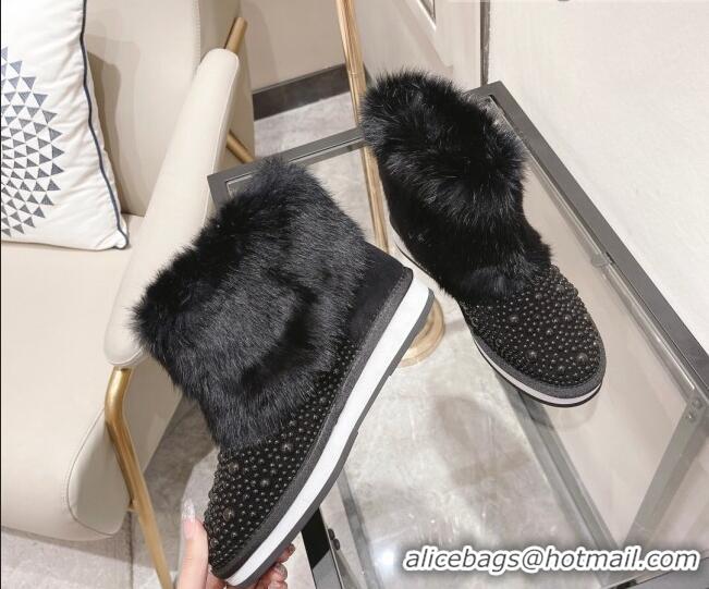 Best Design Chanel Crystal & Rabbit Fur Ankle Boots Black 121467