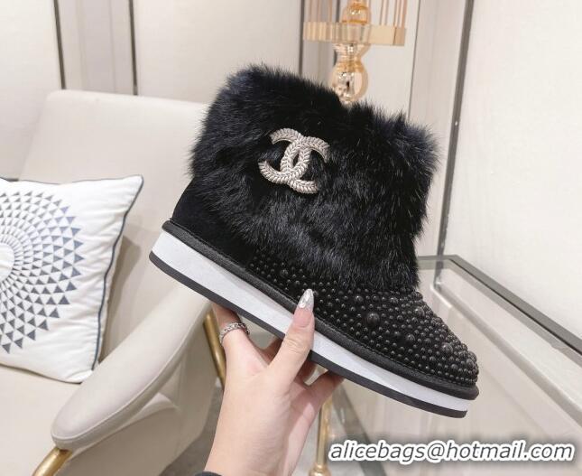 Best Design Chanel Crystal & Rabbit Fur Ankle Boots Black 121467