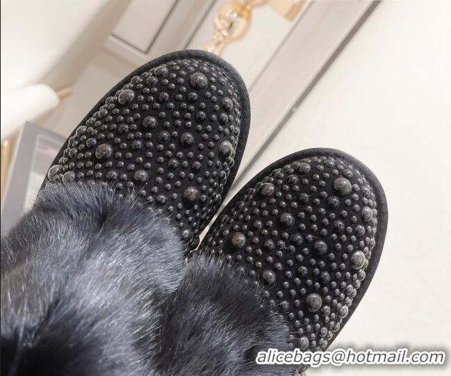 Best Design Chanel Crystal & Rabbit Fur Ankle Boots Black 121467