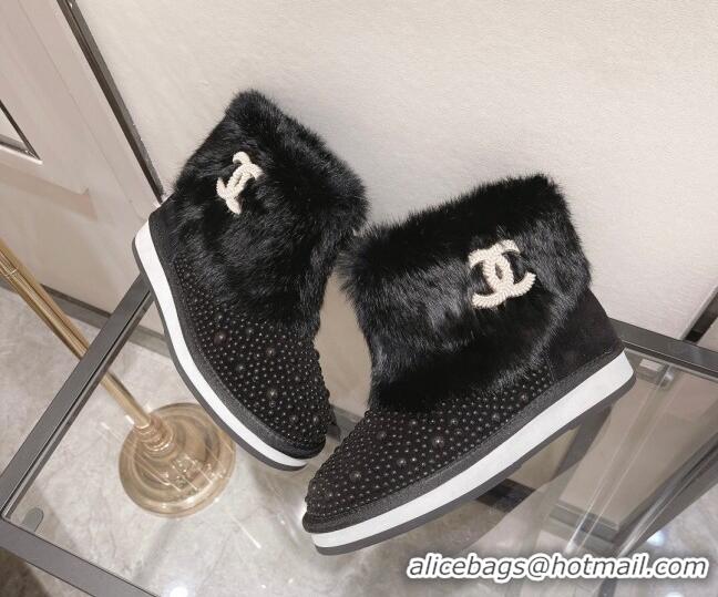 Best Design Chanel Crystal & Rabbit Fur Ankle Boots Black 121467