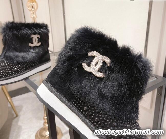 Best Design Chanel Crystal & Rabbit Fur Ankle Boots Black 121467