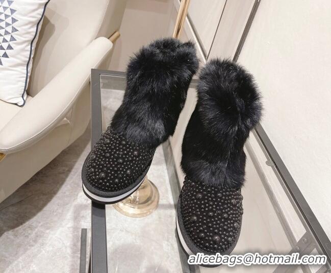 Best Design Chanel Crystal & Rabbit Fur Ankle Boots Black 121467