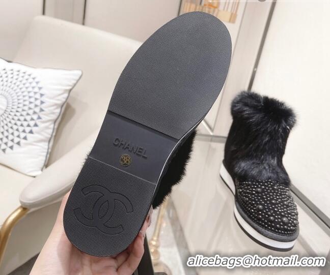 Best Design Chanel Crystal & Rabbit Fur Ankle Boots Black 121467