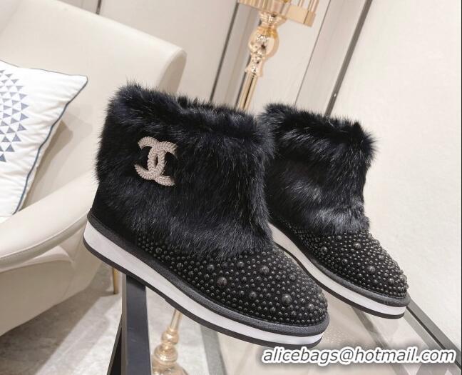 Best Design Chanel Crystal & Rabbit Fur Ankle Boots Black 121467