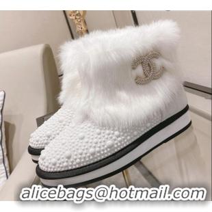 Custom Chanel Crystal & Rabbit Fur Ankle Boots 121467 White