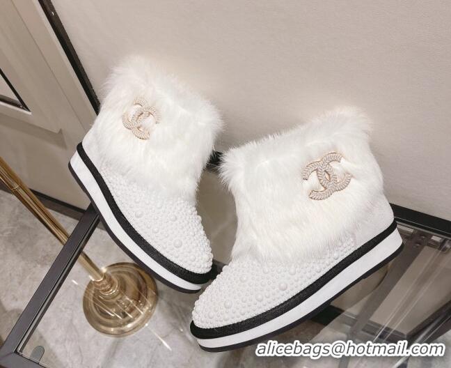 Custom Chanel Crystal & Rabbit Fur Ankle Boots 121467 White