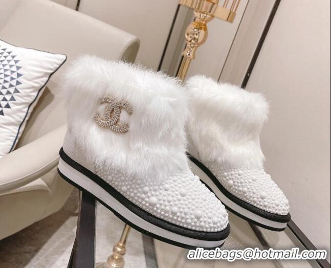 Custom Chanel Crystal & Rabbit Fur Ankle Boots 121467 White