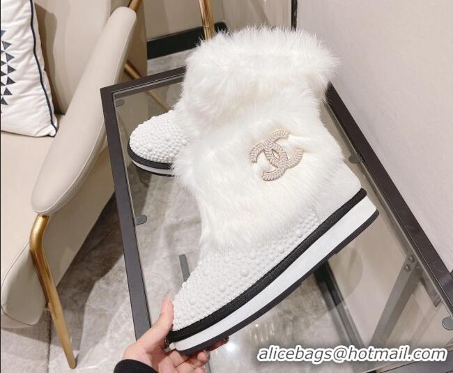 Custom Chanel Crystal & Rabbit Fur Ankle Boots 121467 White