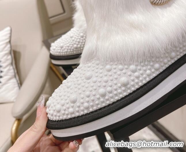 Custom Chanel Crystal & Rabbit Fur Ankle Boots 121467 White