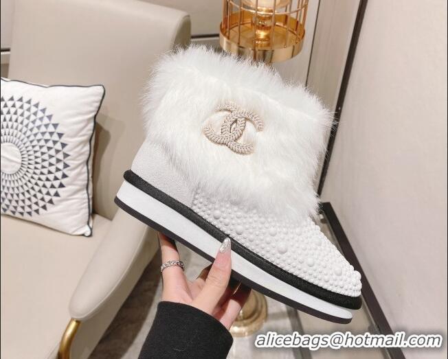 Custom Chanel Crystal & Rabbit Fur Ankle Boots 121467 White