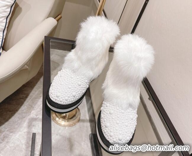 Custom Chanel Crystal & Rabbit Fur Ankle Boots 121467 White