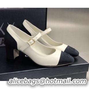 Good Product Chanel Lambskin & Grosgrain Mary Janes Pumps 7cm 121482 White/Black