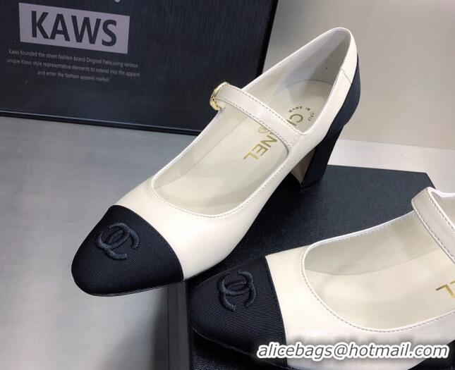 Good Product Chanel Lambskin & Grosgrain Mary Janes Pumps 7cm 121482 White/Black