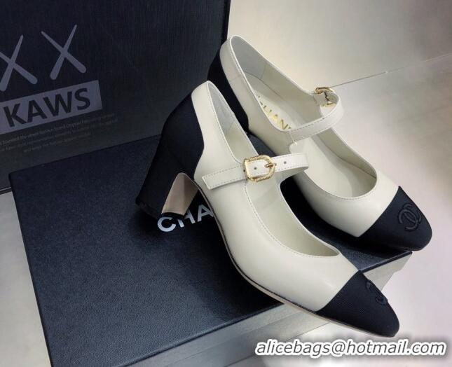 Good Product Chanel Lambskin & Grosgrain Mary Janes Pumps 7cm 121482 White/Black