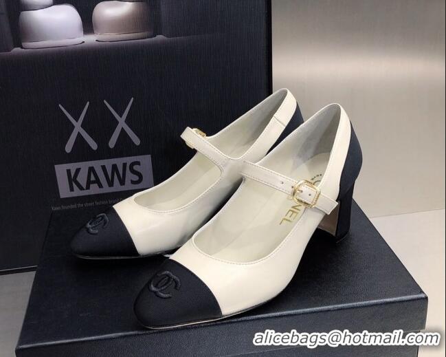 Good Product Chanel Lambskin & Grosgrain Mary Janes Pumps 7cm 121482 White/Black