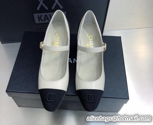 Good Product Chanel Lambskin & Grosgrain Mary Janes Pumps 7cm 121482 White/Black