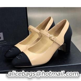 Best Luxury Chanel Lambskin & Grosgrain Mary Janes Pumps 7cm 121482 Beige/Black