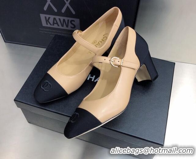 Best Luxury Chanel Lambskin & Grosgrain Mary Janes Pumps 7cm 121482 Beige/Black