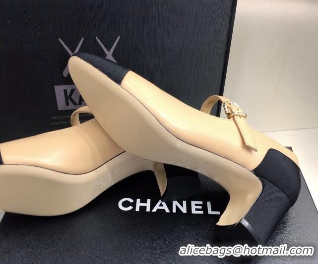 Best Luxury Chanel Lambskin & Grosgrain Mary Janes Pumps 7cm 121482 Beige/Black