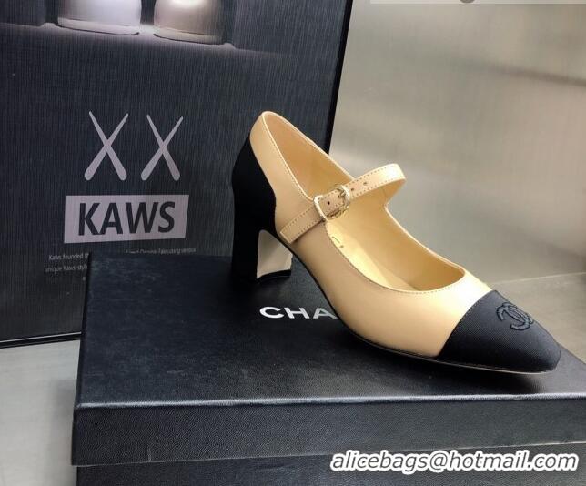 Best Luxury Chanel Lambskin & Grosgrain Mary Janes Pumps 7cm 121482 Beige/Black