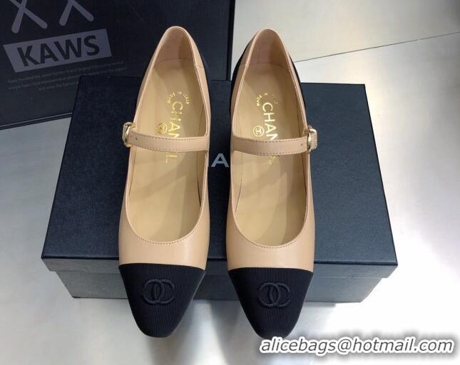 Best Luxury Chanel Lambskin & Grosgrain Mary Janes Pumps 7cm 121482 Beige/Black