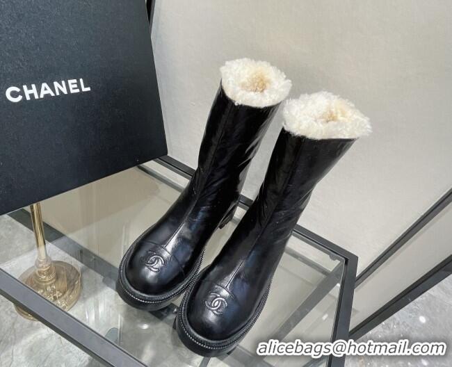 Good Quality Chanel Waxed Leather Short Boots 121486 Black