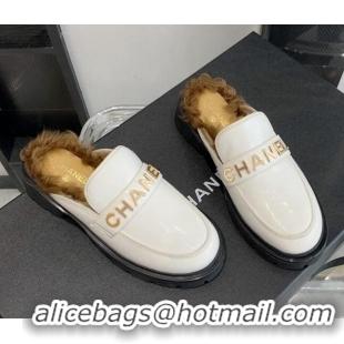 Cheap Design Chanel Patent Leather & Shearling Mules 121488 White