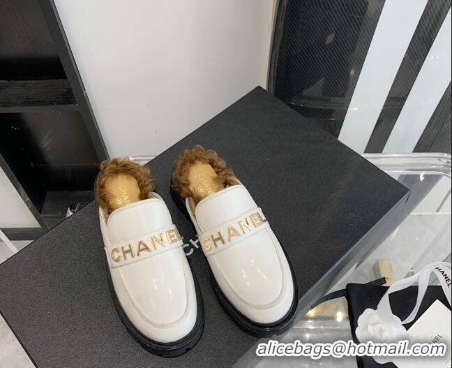 Cheap Design Chanel Patent Leather & Shearling Mules 121488 White