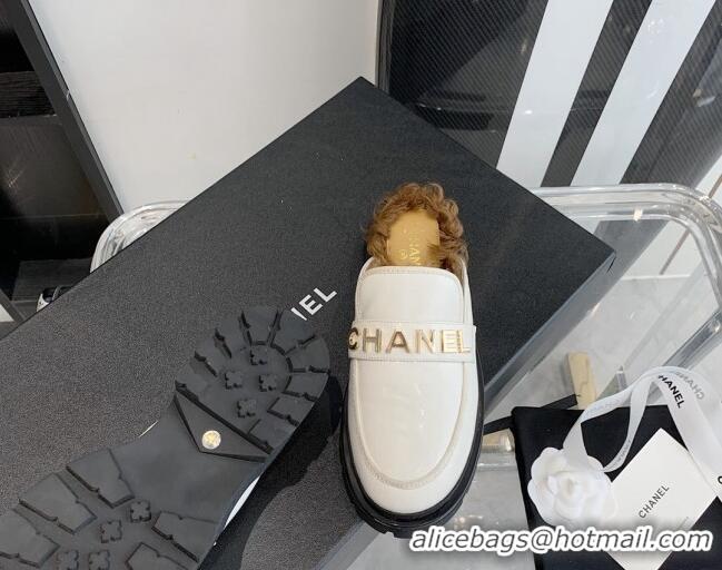 Cheap Design Chanel Patent Leather & Shearling Mules 121488 White