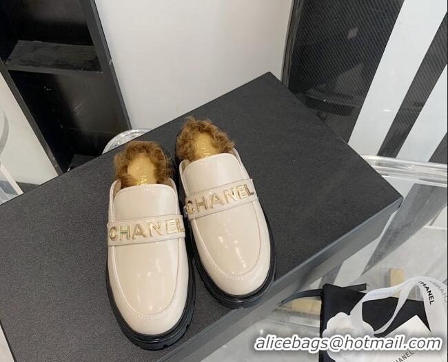 Unique Grade Chanel Patent Leather & Shearling Mules 121488 Light Beige