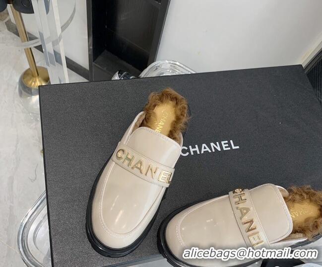 Unique Grade Chanel Patent Leather & Shearling Mules 121488 Light Beige