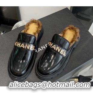 Discount Chanel Patent Leather & Shearling Mules 121488 Black