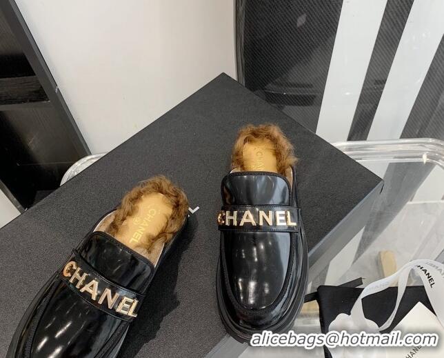 Discount Chanel Patent Leather & Shearling Mules 121488 Black