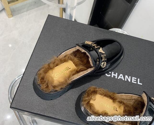 Discount Chanel Patent Leather & Shearling Mules 121488 Black