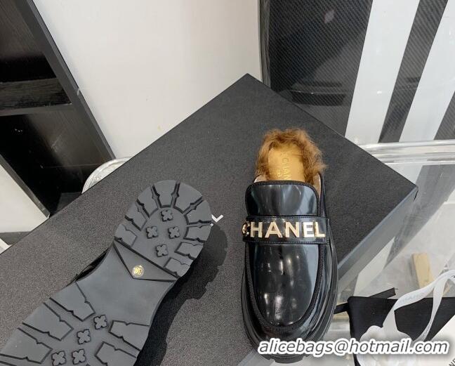 Discount Chanel Patent Leather & Shearling Mules 121488 Black