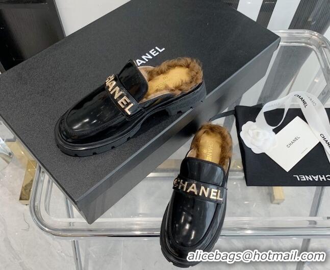 Discount Chanel Patent Leather & Shearling Mules 121488 Black