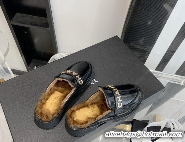 Discount Chanel Patent Leather & Shearling Mules 121488 Black