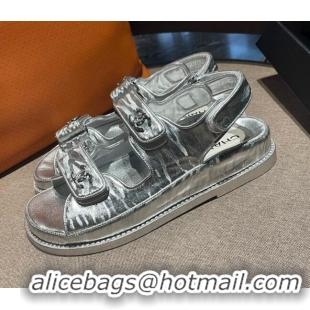 Affordable Price Chanel Printed Calfskin Strap Flat Sandals G35927 Silver