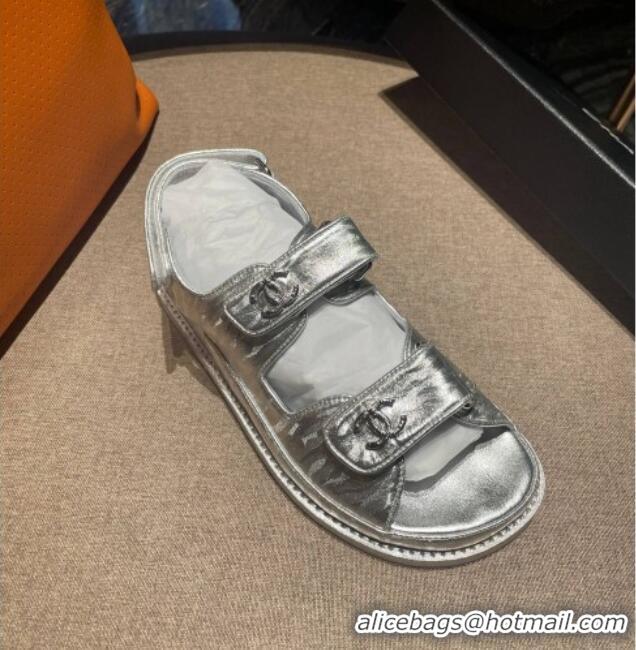 Affordable Price Chanel Printed Calfskin Strap Flat Sandals G35927 Silver