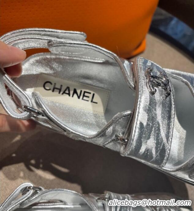 Affordable Price Chanel Printed Calfskin Strap Flat Sandals G35927 Silver