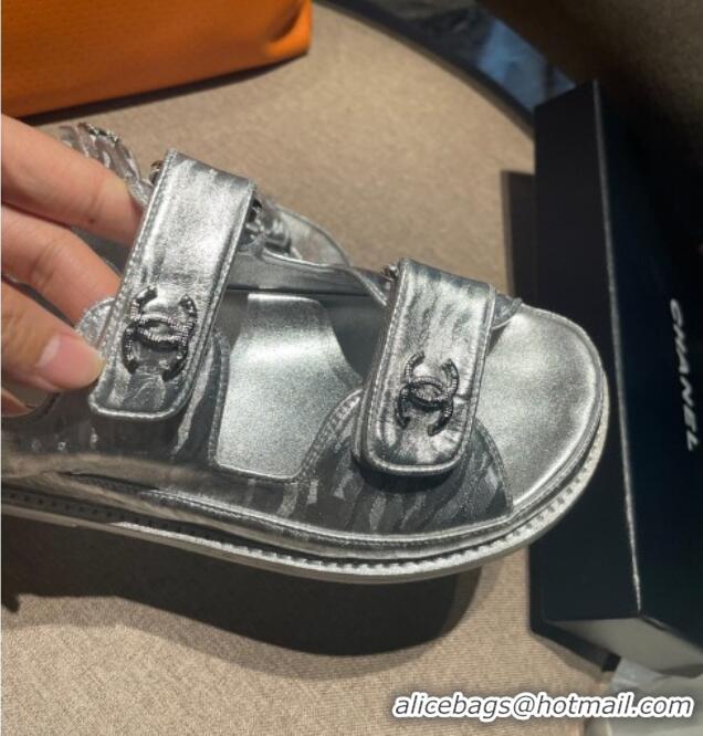 Affordable Price Chanel Printed Calfskin Strap Flat Sandals G35927 Silver