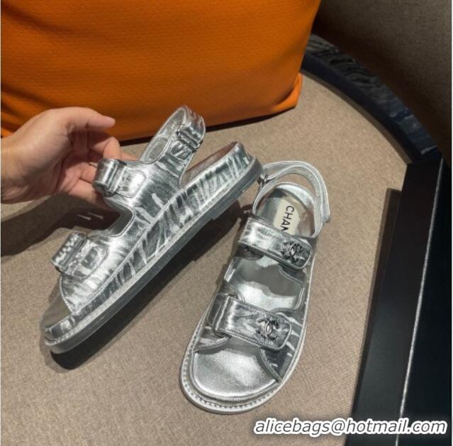 Affordable Price Chanel Printed Calfskin Strap Flat Sandals G35927 Silver