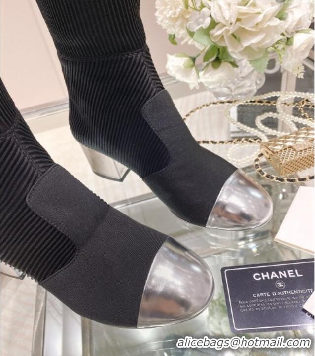 New Style Chanel Grosgrain, Knit & Calfskin Ankle Boots 5.5cm G38522 Black/Silver