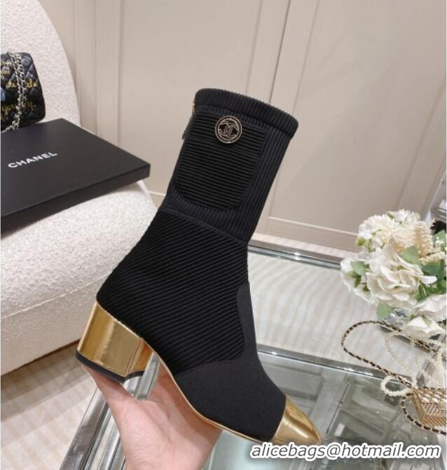 New Design Chanel Grosgrain, Knit & Calfskin Ankle Boots 5.5cm G38522 Black/Gold