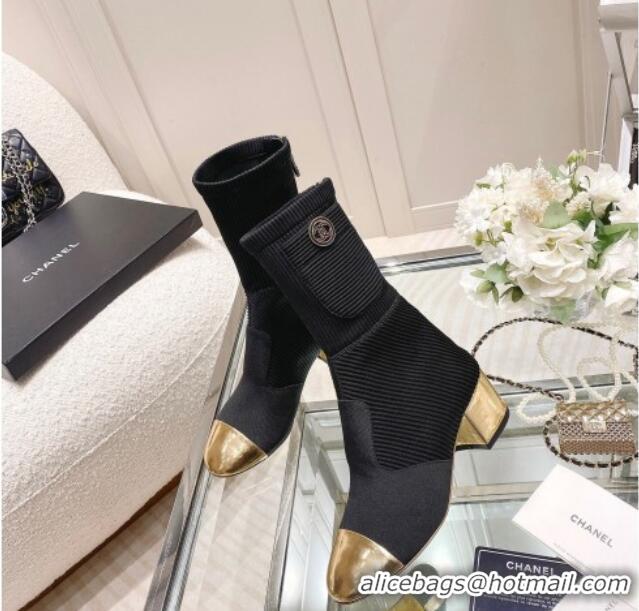 New Design Chanel Grosgrain, Knit & Calfskin Ankle Boots 5.5cm G38522 Black/Gold