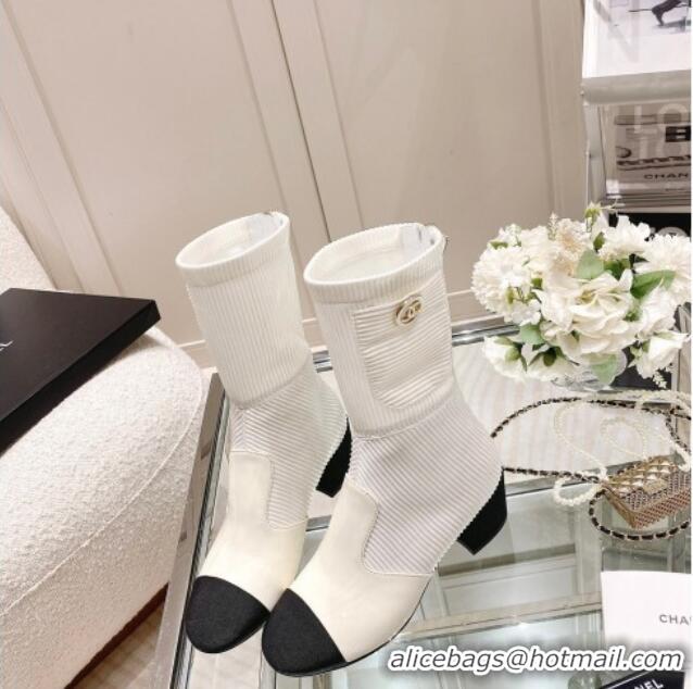 Good Quality Chanel Grosgrain, Knit & Patent Calfskin Ankle Boots 5.5cm G38522 Ivory/White/Black